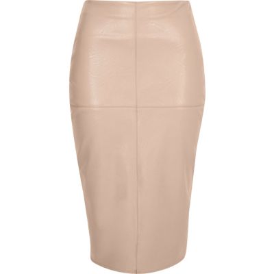 Nude faux leather pencil skirt